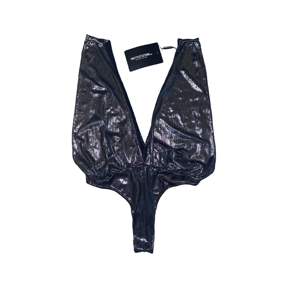 PRETTYLITTLETHING Silver/Black Metallic Backless Deep V Bodysuit